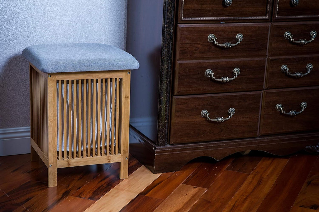 Bamboo Laundry Storage Basket Ottoman 21 Inch Tall Brown and White A719