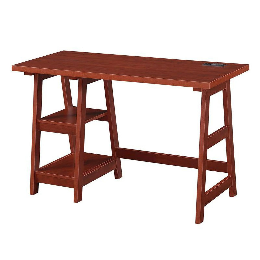 Cherry Wood Trestle Desk with Charging Station and Shelves S792