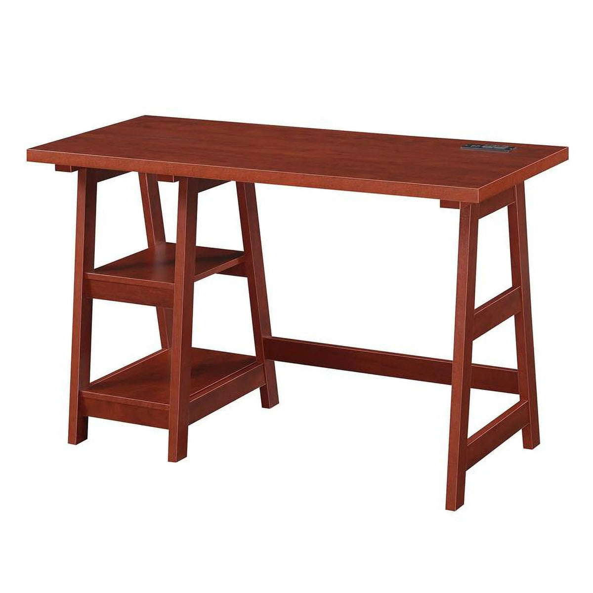 Cherry Wood Trestle Desk with Charging Station and Shelves S792