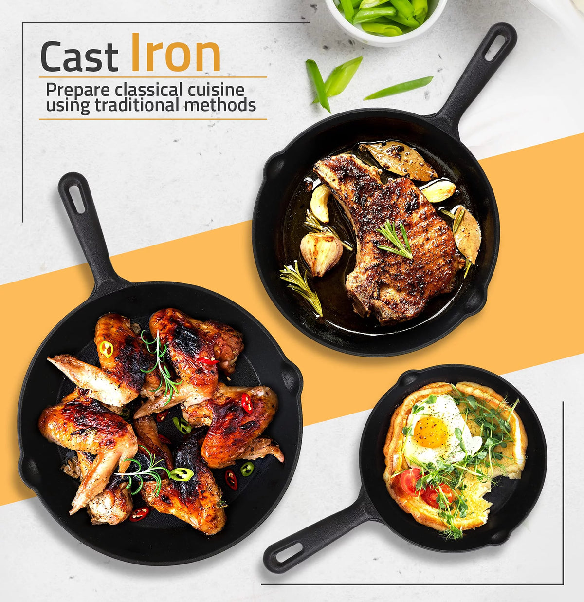 Pre Seasoned Cast Iron Skillet 3 Piece Set Black V304