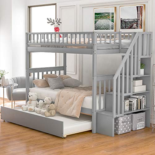 Gray Twin Over Twin Solid Wood Bunk Bed with Stairs and Trundle A438