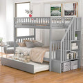 Gray Twin Over Twin Solid Wood Bunk Bed with Stairs and Trundle A438
