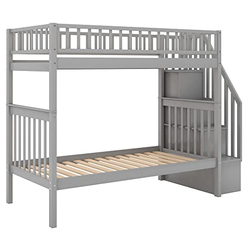 Gray Twin Over Twin Solid Wood Bunk Bed with Stairs and Trundle A438