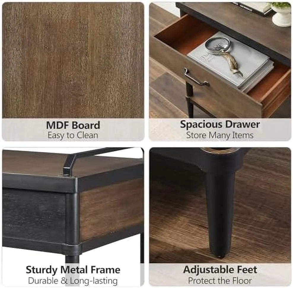 Rustic Brown and Black Nightstand with Drawer and Open Shelf O2081