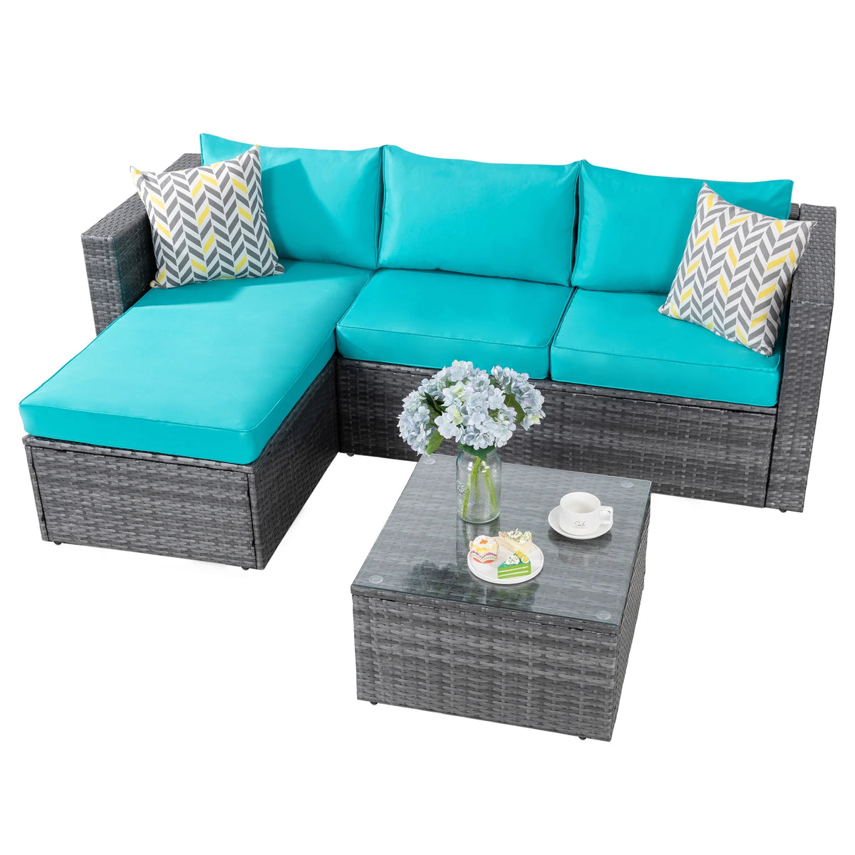 3 Piece Aegean Blue Black Rattan Wicker Sectional Sofa V611