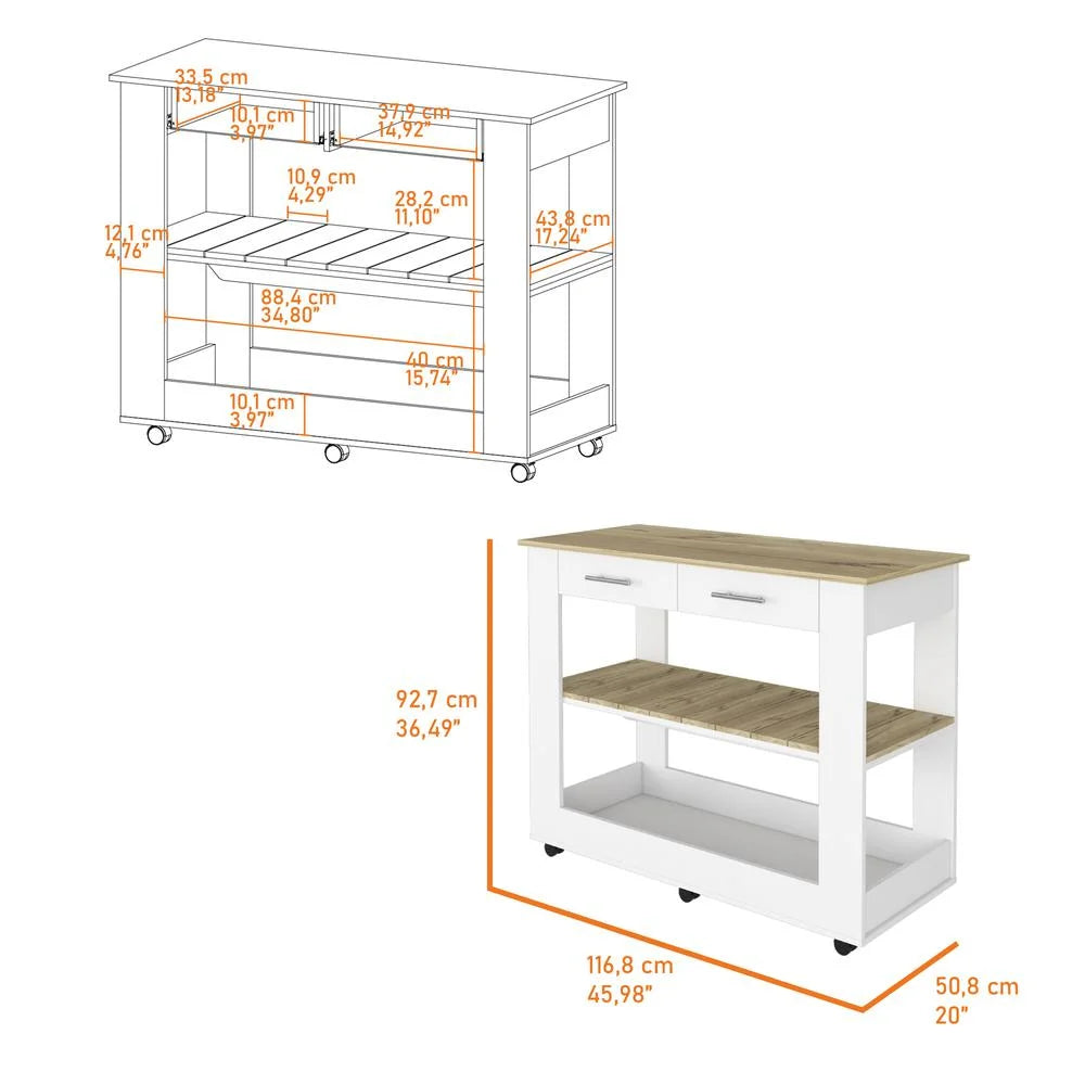 White Engineered Wood Kitchen Island with Two Drawers E455