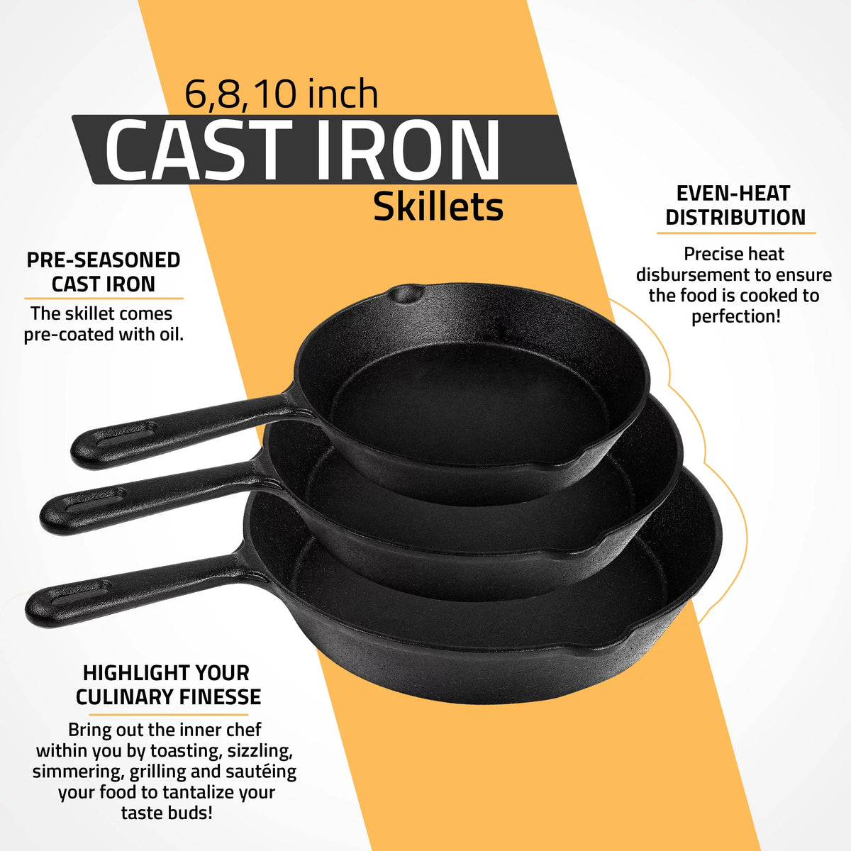 Pre Seasoned Cast Iron Skillet 3 Piece Set Black V304