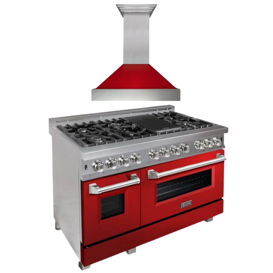 48 in. Dual Fuel Range with Red Gloss Door & Range Hood Appliance Package H3043