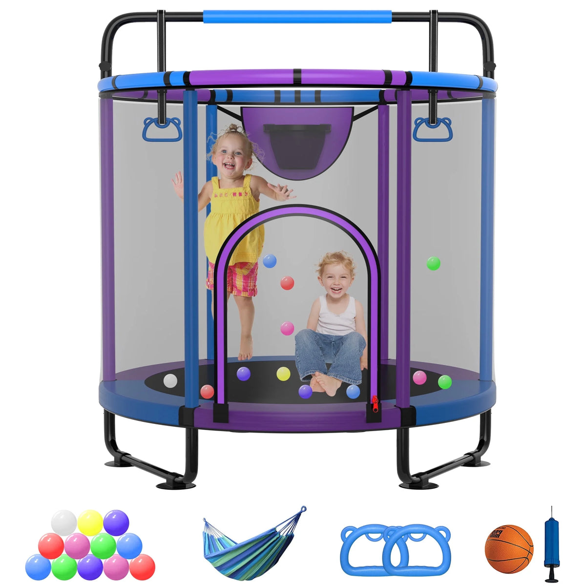 60'' Kids Trampoline with Swing, Enclosure Net and Basketball Hoop U98757