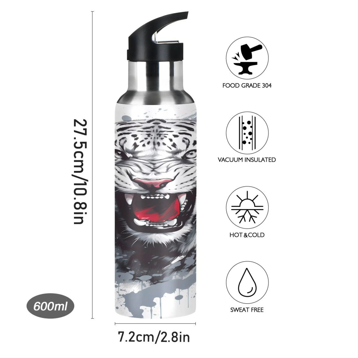 Black and White Stainless Steel Insulated Water Bottle with Straw Lid U3323