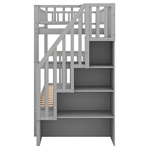 Gray Twin Over Twin Solid Wood Bunk Bed with Stairs and Trundle A438
