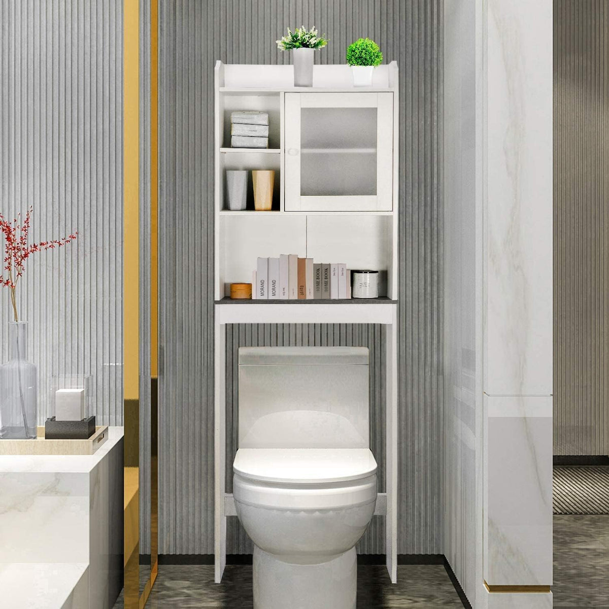 White 4-Tier Over The Toilet Storage Cabinet with Adjustable Shelves and Tempered Glass Door I913