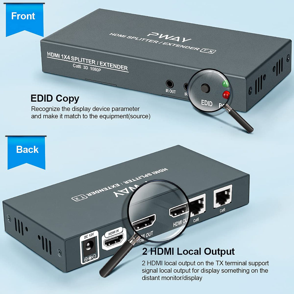 HDMI Extender Splitter 1x2 1080p Over Cat5e/Cat6/Cat7 Ethernet Cable with 2 HDMI Loop Out U98738