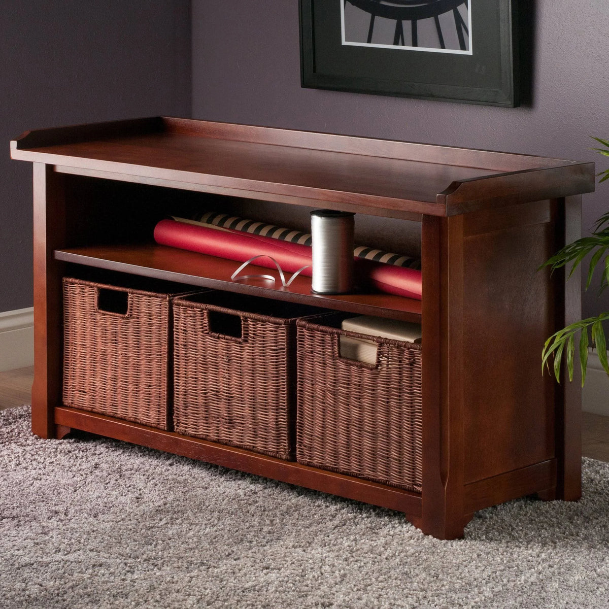 Antique Walnut Wood Bench With Storage Shelf M408757