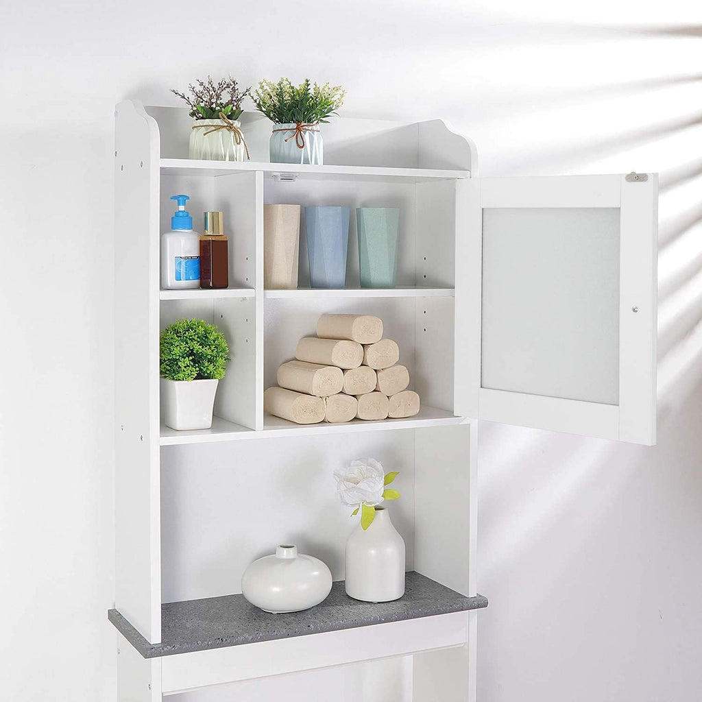 White 4-Tier Over The Toilet Storage Cabinet with Adjustable Shelves and Tempered Glass Door I913