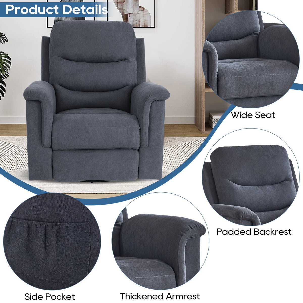 Grey Velvet Manual Swivel Rocker Recliner Chair F749