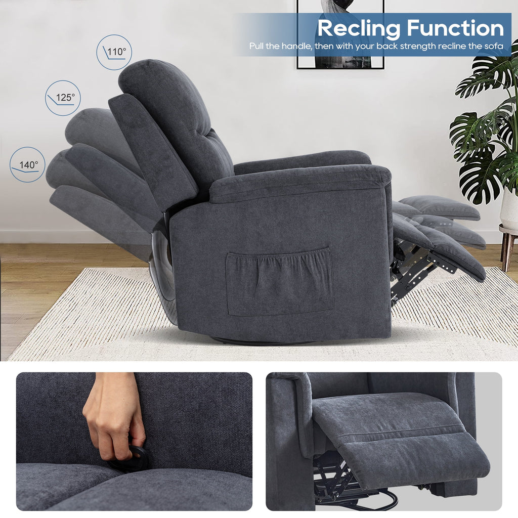 Grey Velvet Manual Swivel Rocker Recliner Chair F749