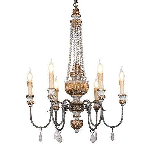 Retro Rustic 6-Light Wood Metal Crystal Candle Style Chandelier N52511