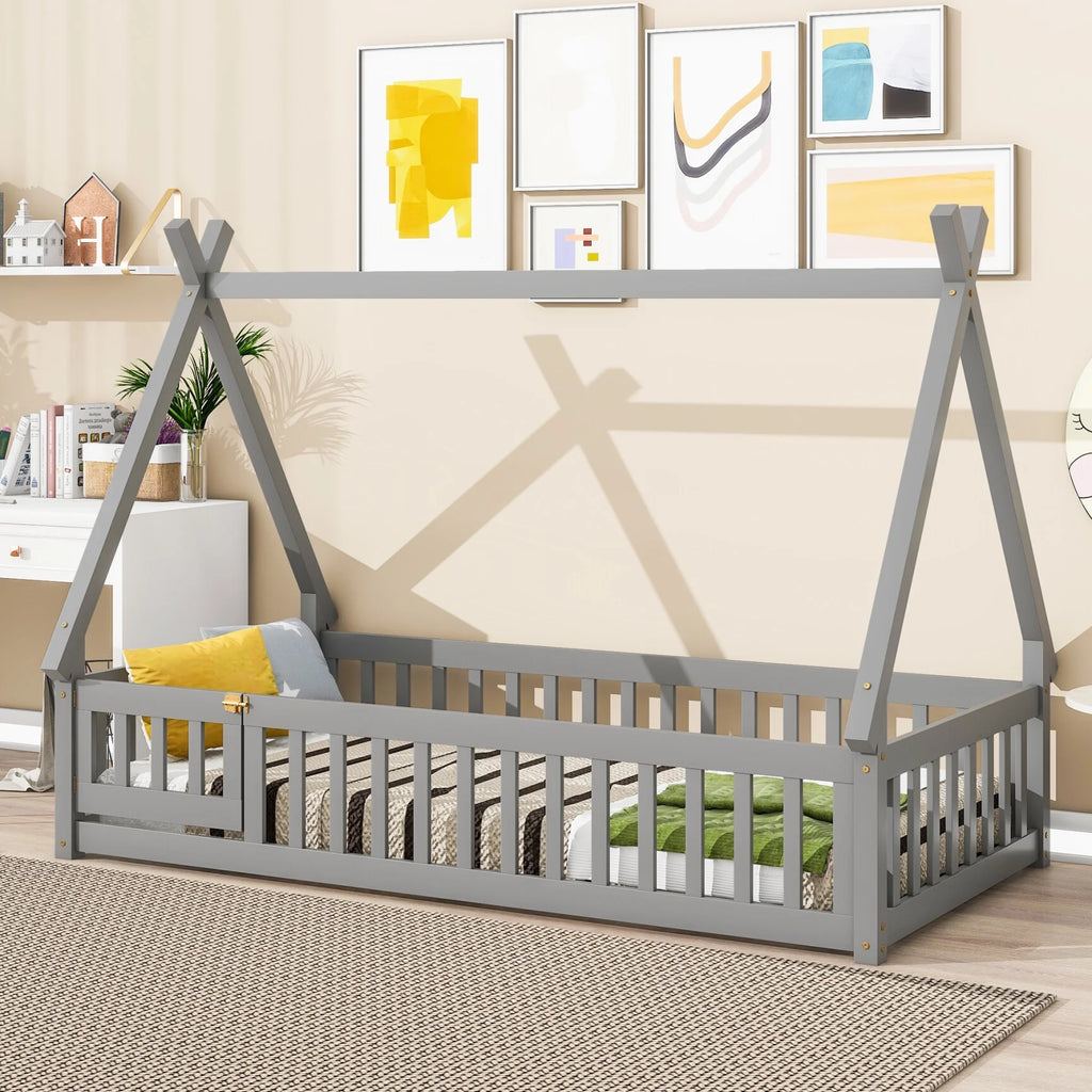 Twin Size Grey Wooden Floor Bed with Guardrail L353