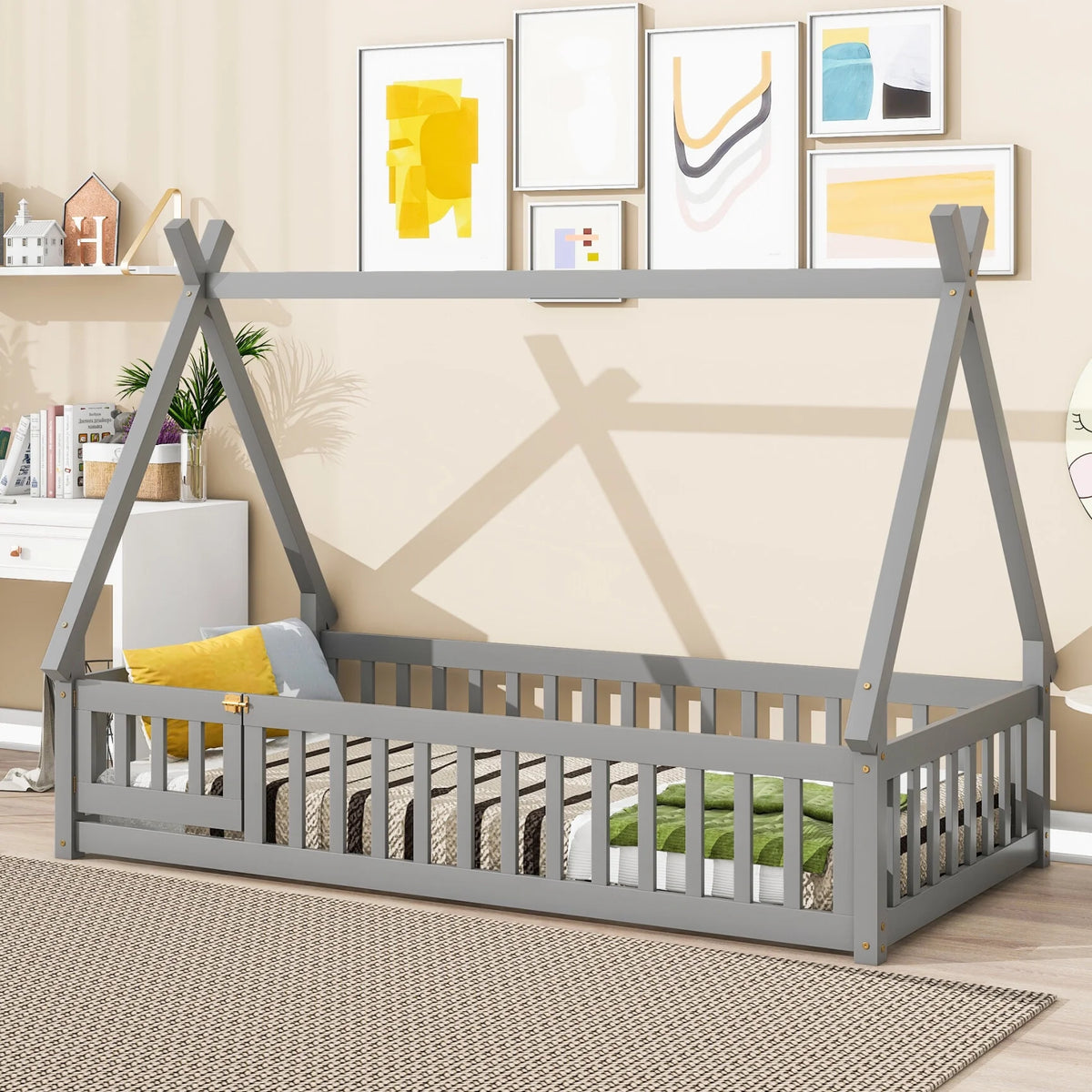 Twin Size Grey Wooden Floor Bed with Guardrail L353