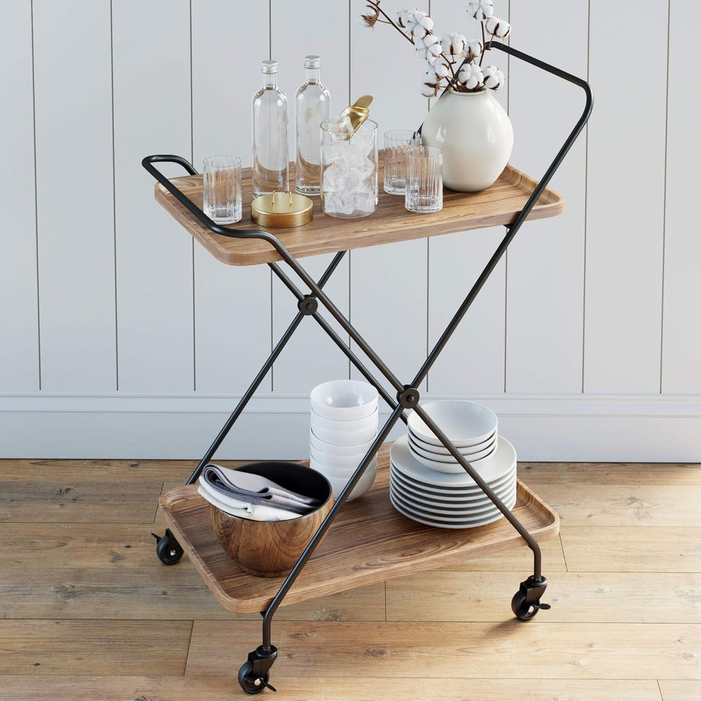 Rolling Bar Tea or Cocktail 2-Tiered Serving Cart Metal Frame Oak Wood Shelf M9266