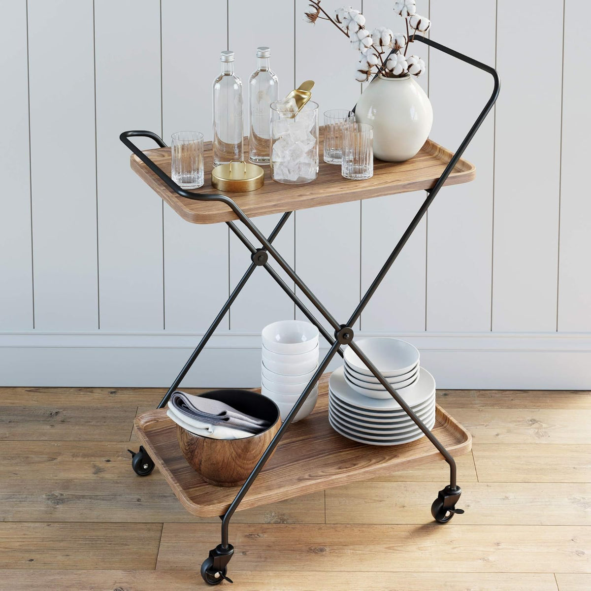 Rolling Bar Tea or Cocktail 2-Tiered Serving Cart Metal Frame Oak Wood Shelf M9266