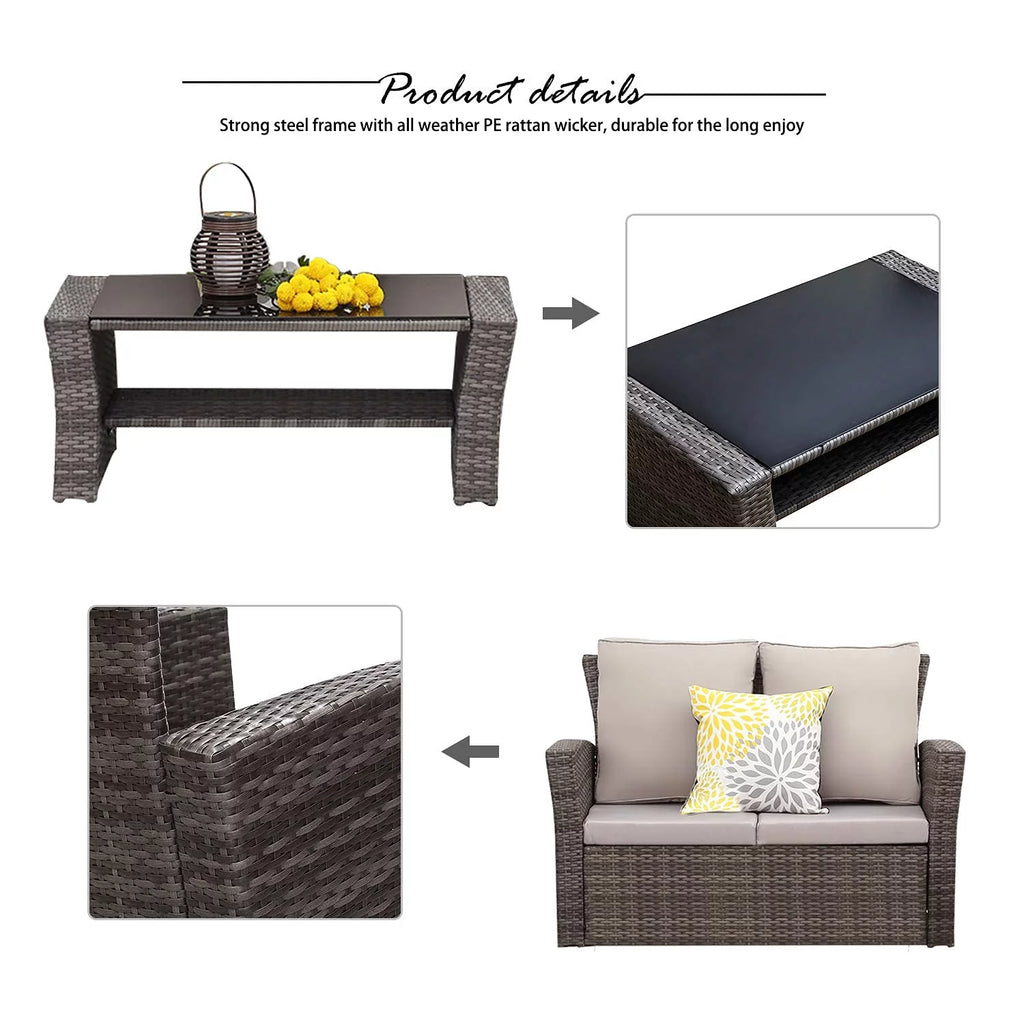 4 Pcs Brown Wicker Patio Conversation Sofa Set with Coffee Table B91999