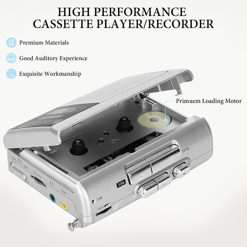 Silver Portable Cassette Player Recorder AM FM Radio Stereo with Built in Speaker and Earphones I490
