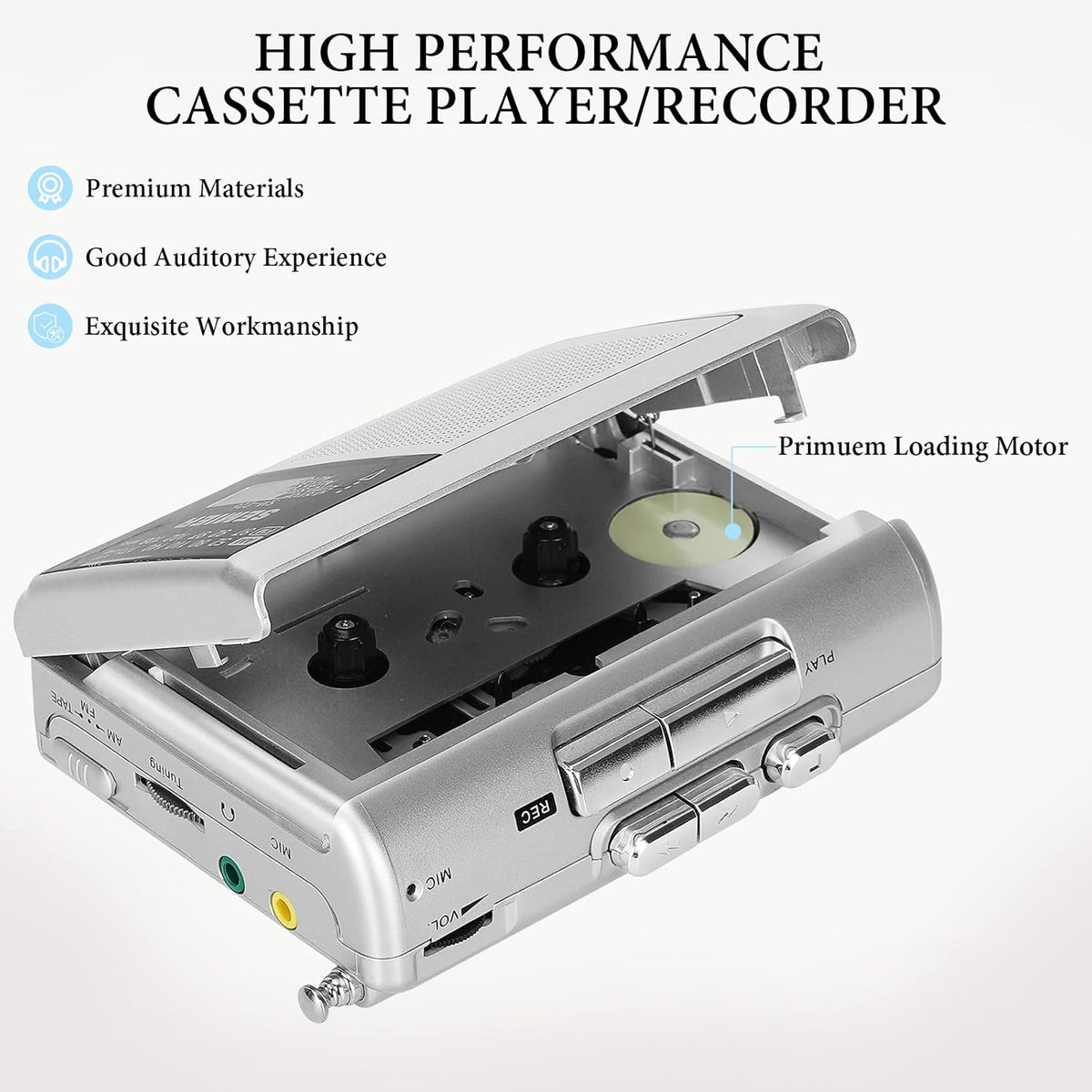 Silver Portable Cassette Player Recorder AM FM Radio Stereo with Built in Speaker and Earphones I490