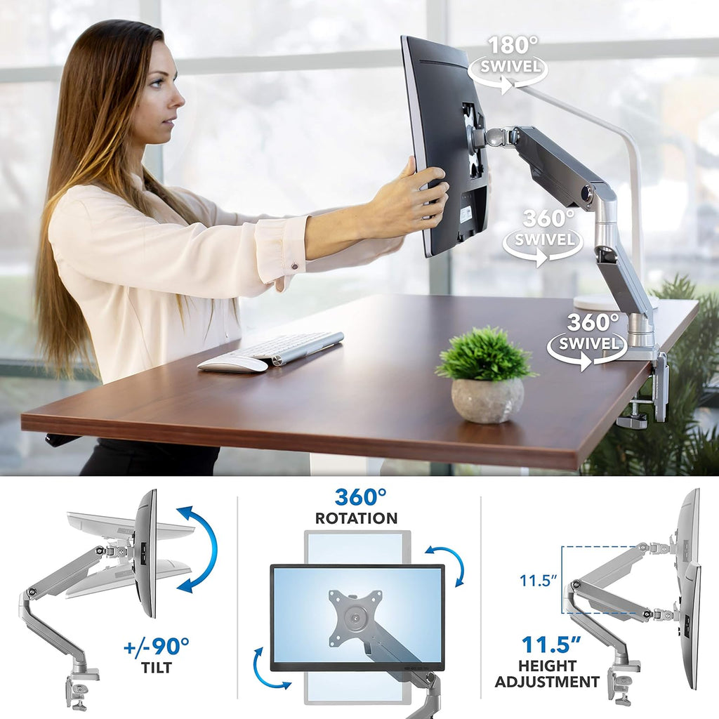 Single Monitor Arm Mount Desk Stand Full Motion Height Adjustable Articulating Mechanical Spring Arm Fits 24 27 29 30 32 Inch VESA Compatible Computer Screen C-Clamp and Grommet Base B51990
