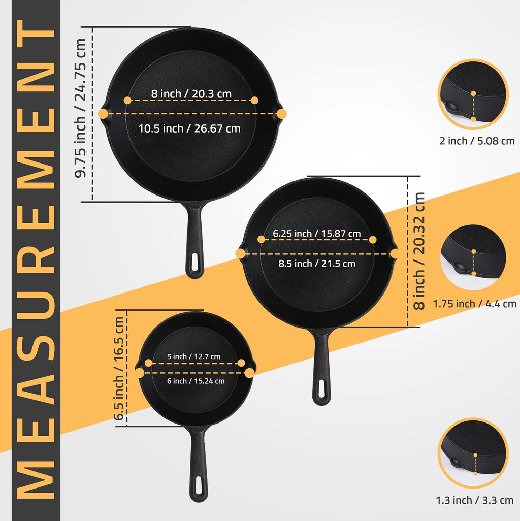 Pre Seasoned Cast Iron Skillet 3 Piece Set Black V304