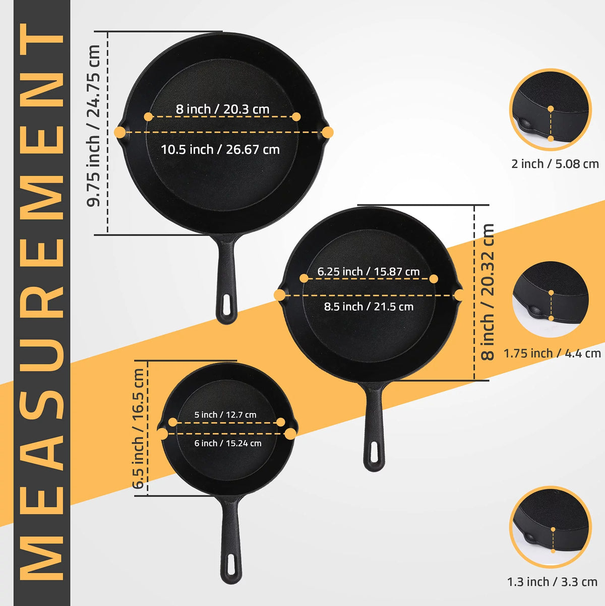 Pre Seasoned Cast Iron Skillet 3 Piece Set Black V304