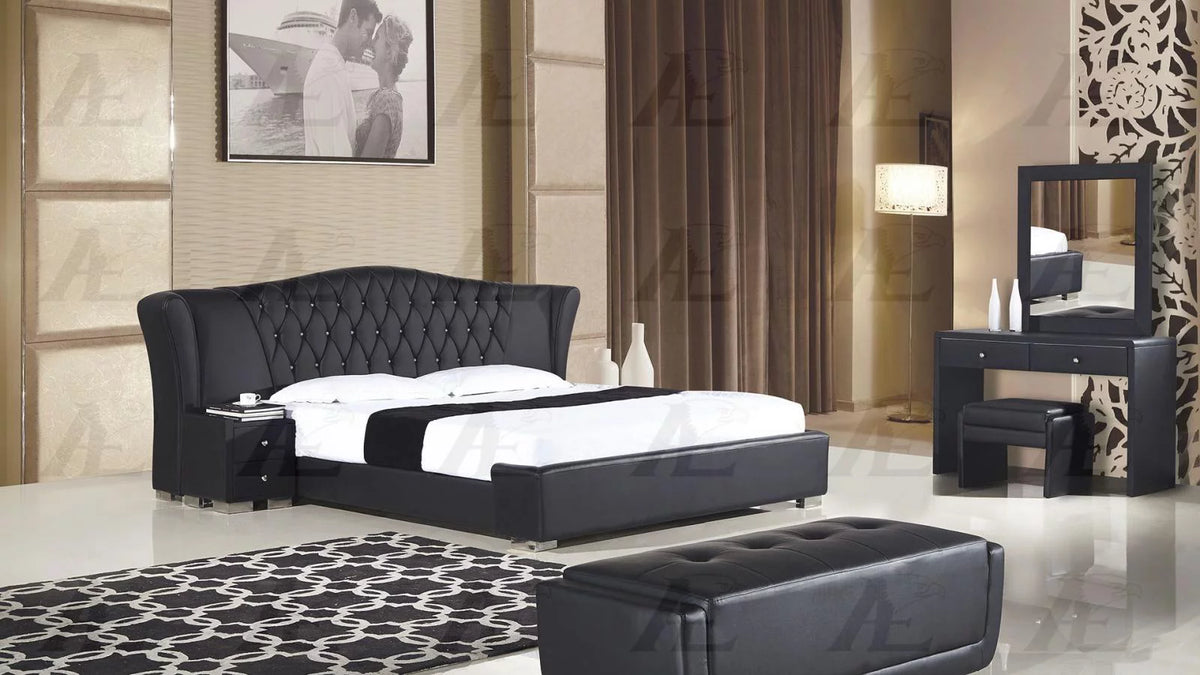 Black PU Cal King Size Bed and 2 Nightstands Set 3Pcs R5615