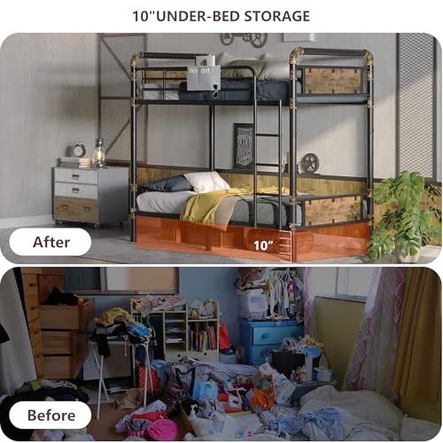 2 IN 1 Metal Bunk Bed Twin Over Twin, Convertible into 2 Individual Twin Size Bed, Vintage Brown W21903