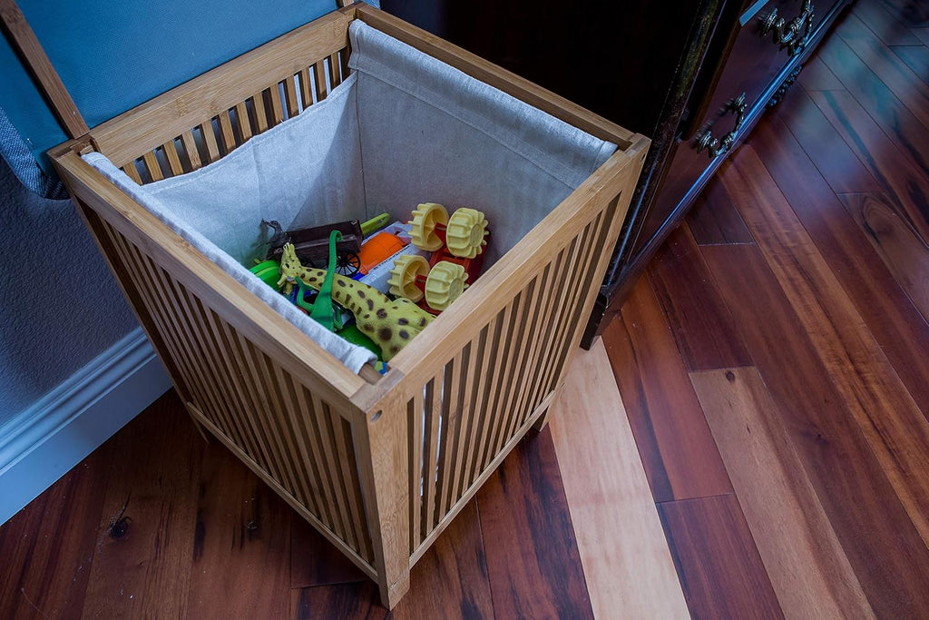 Bamboo Laundry Storage Basket Ottoman 21 Inch Tall Brown and White A719
