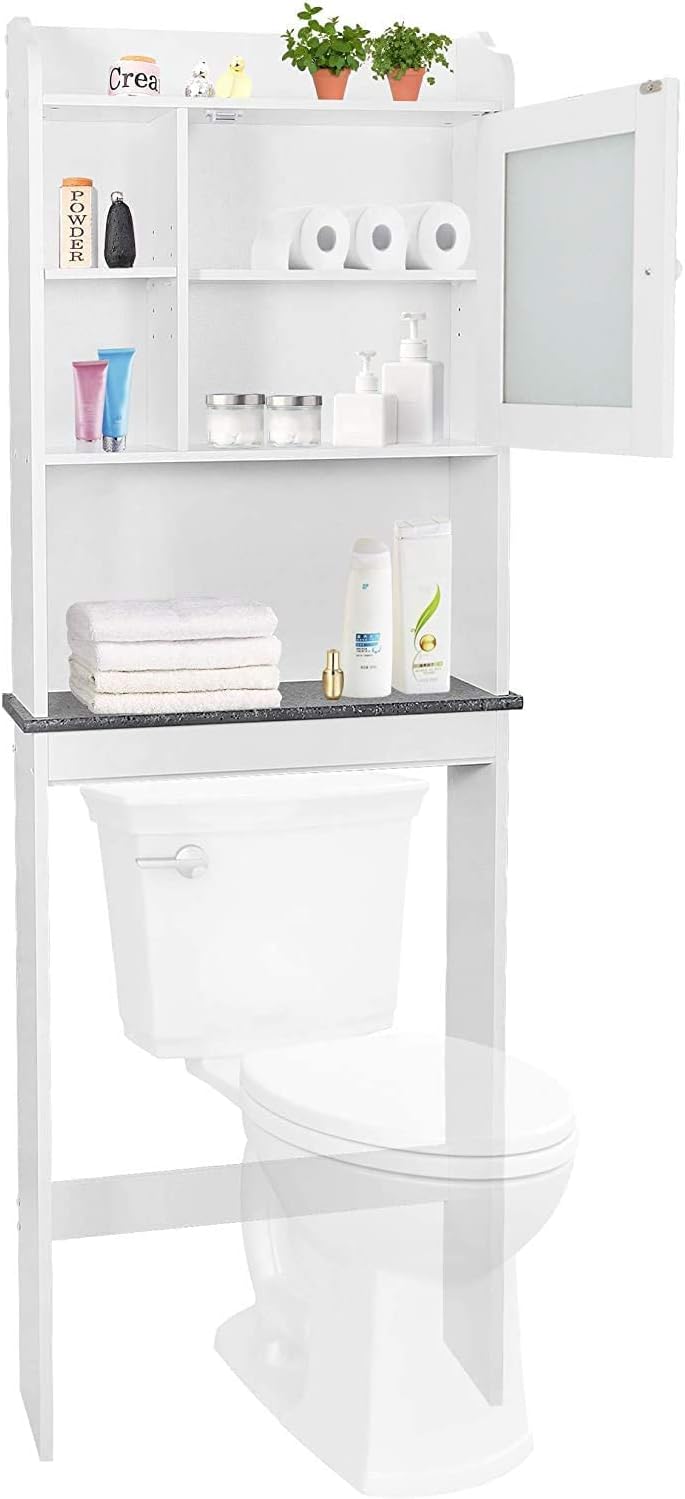 White 4-Tier Over The Toilet Storage Cabinet with Adjustable Shelves and Tempered Glass Door I913