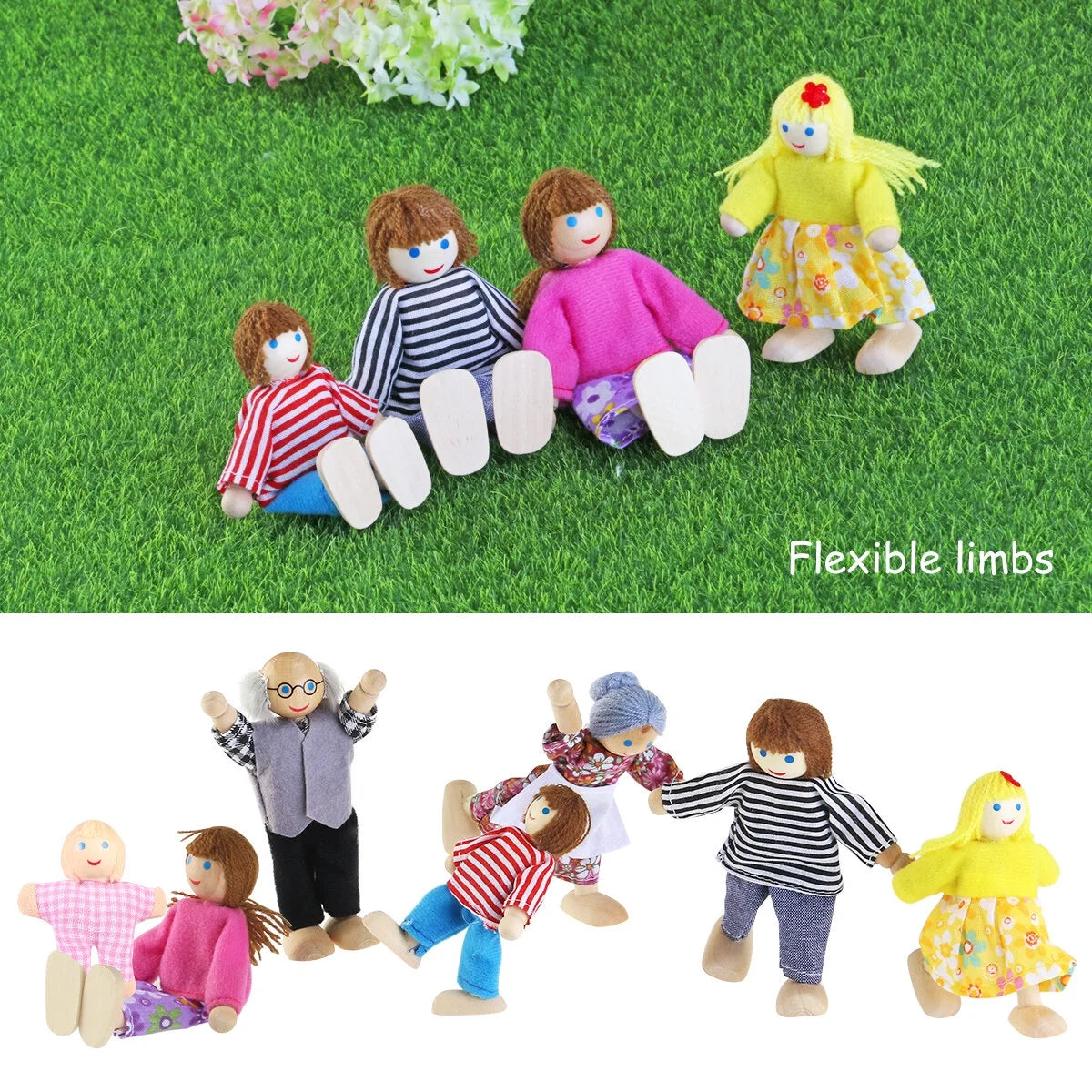 7pcs Wooden Dolls Pretend Play Set Figure Toy H17466