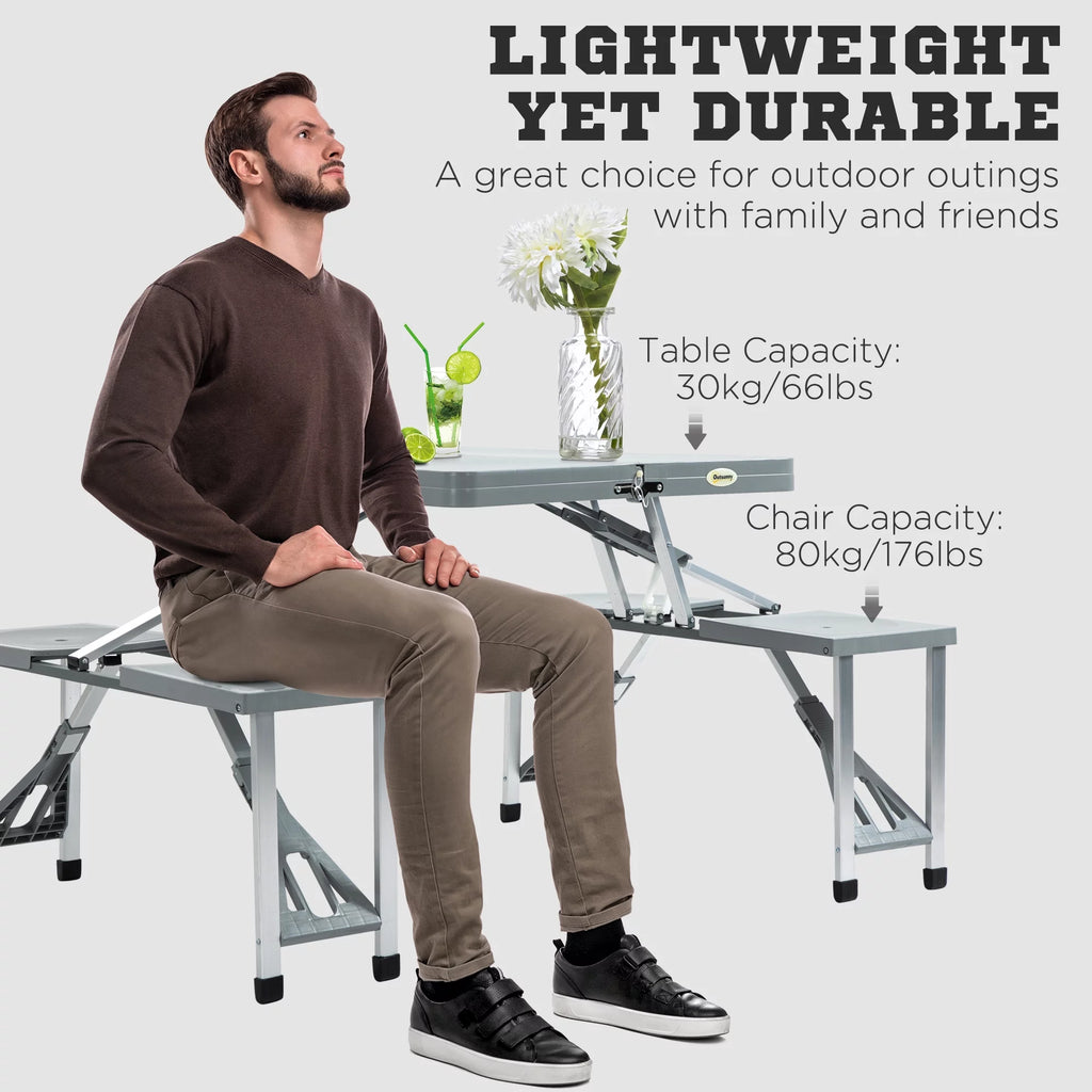 Portable Foldable 4-Person Picnic Table with Seats and Umbrella Hole, Grey H503