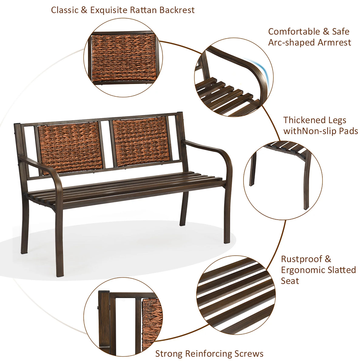 Patio Garden Bench Steel Frame Rattan Backrest P293