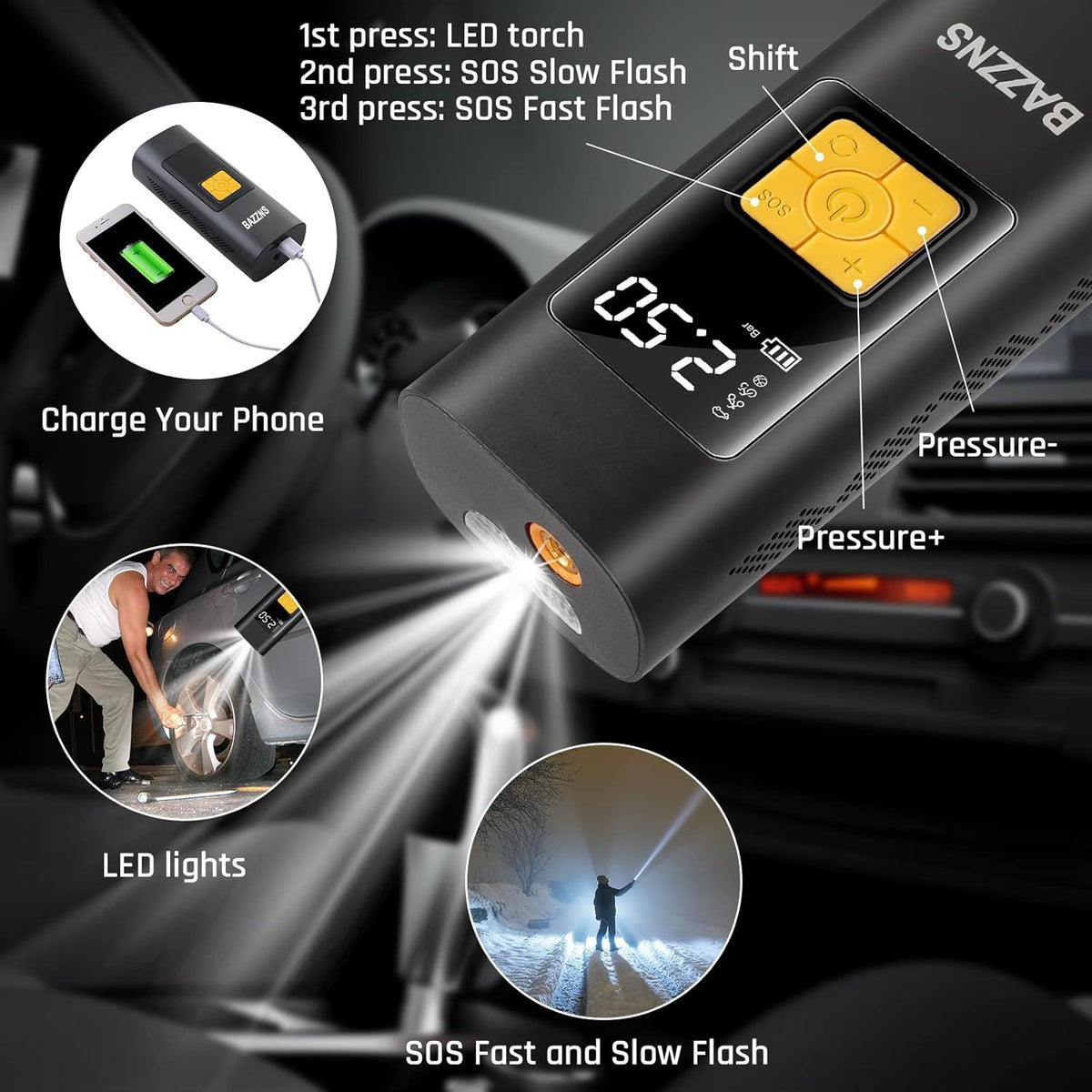 Cordless Tire Inflator Portable Air Compressor with 6000 mAh Battery Pressure Gauge LED Light D782137