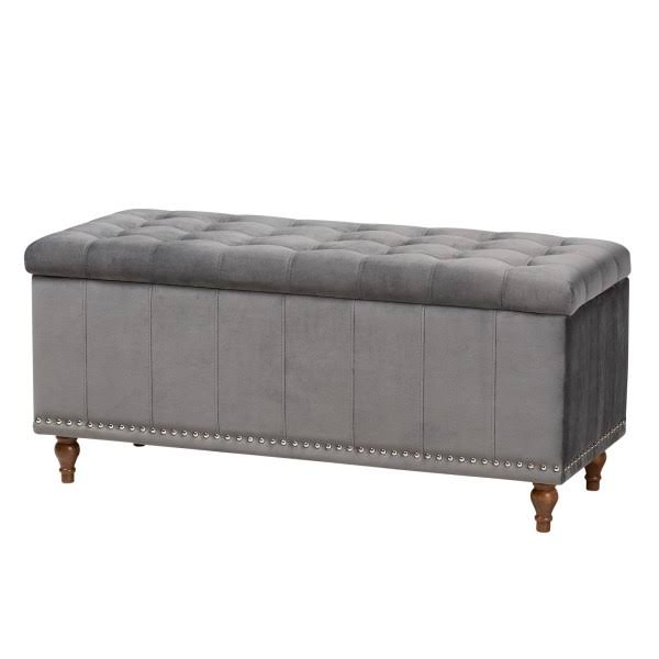 Velvet Button-Tufted Storage Ottoman Bench, Gray/Brown E755100
