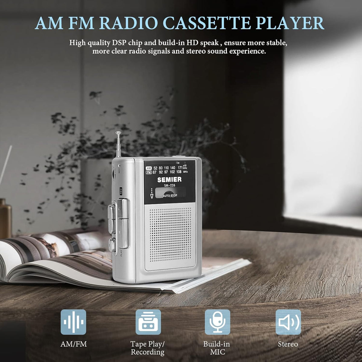 Silver Portable Cassette Player Recorder AM FM Radio Stereo with Built in Speaker and Earphones I490