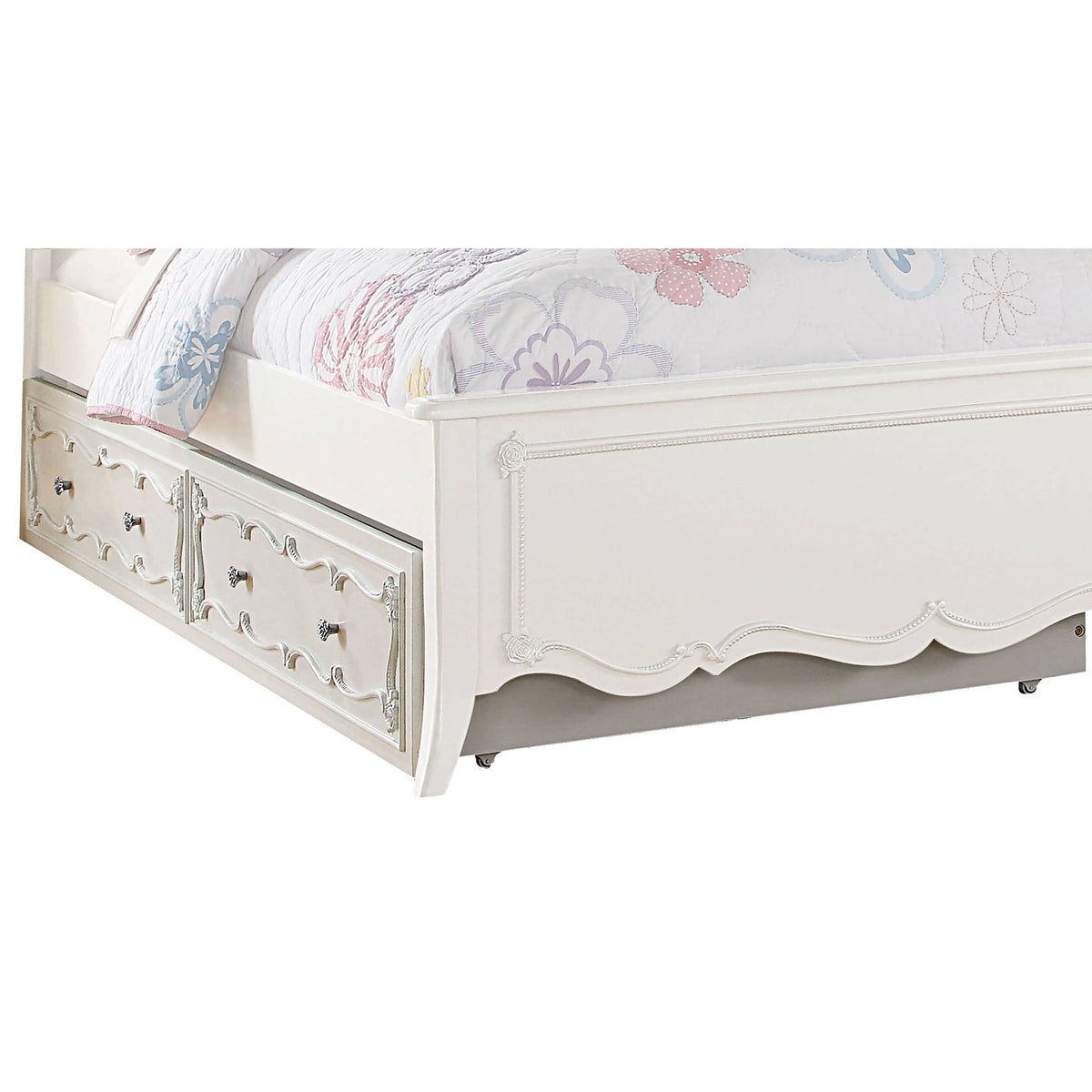 White Twin Size Wooden Trundle Bed with Caster Wheels T50309