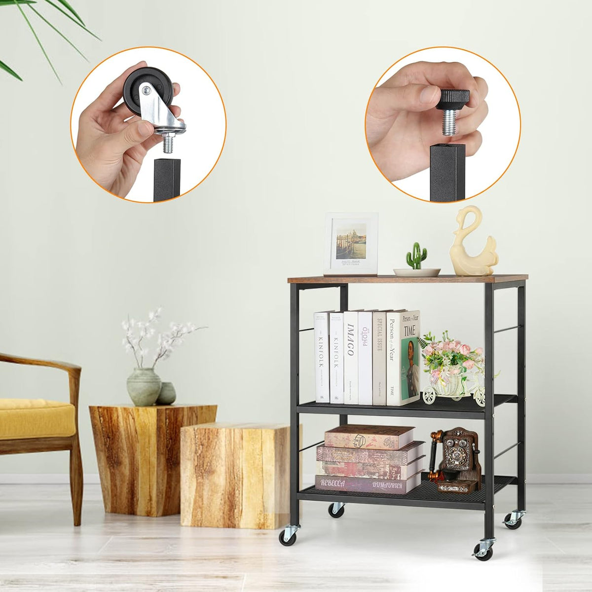 Kitchen Island on Wheels with Storage 3 Tier Microwave Oven Stand Rolling Utility Cart with 10 Hooks B701