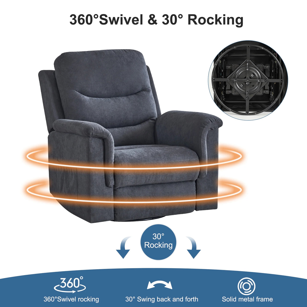 Grey Velvet Manual Swivel Rocker Recliner Chair F749