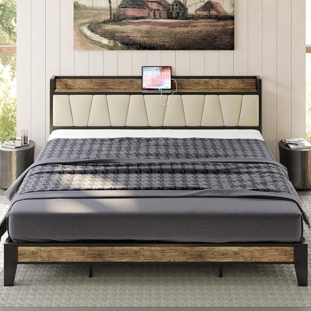 King Bed Frame with Storage Headboard and Charging Station R71304