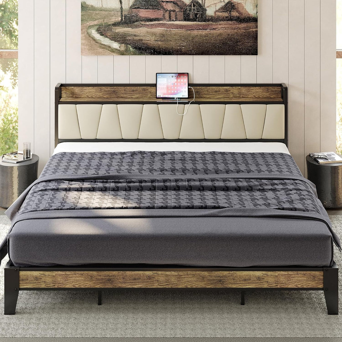 King Bed Frame with Storage Headboard and Charging Station R71304