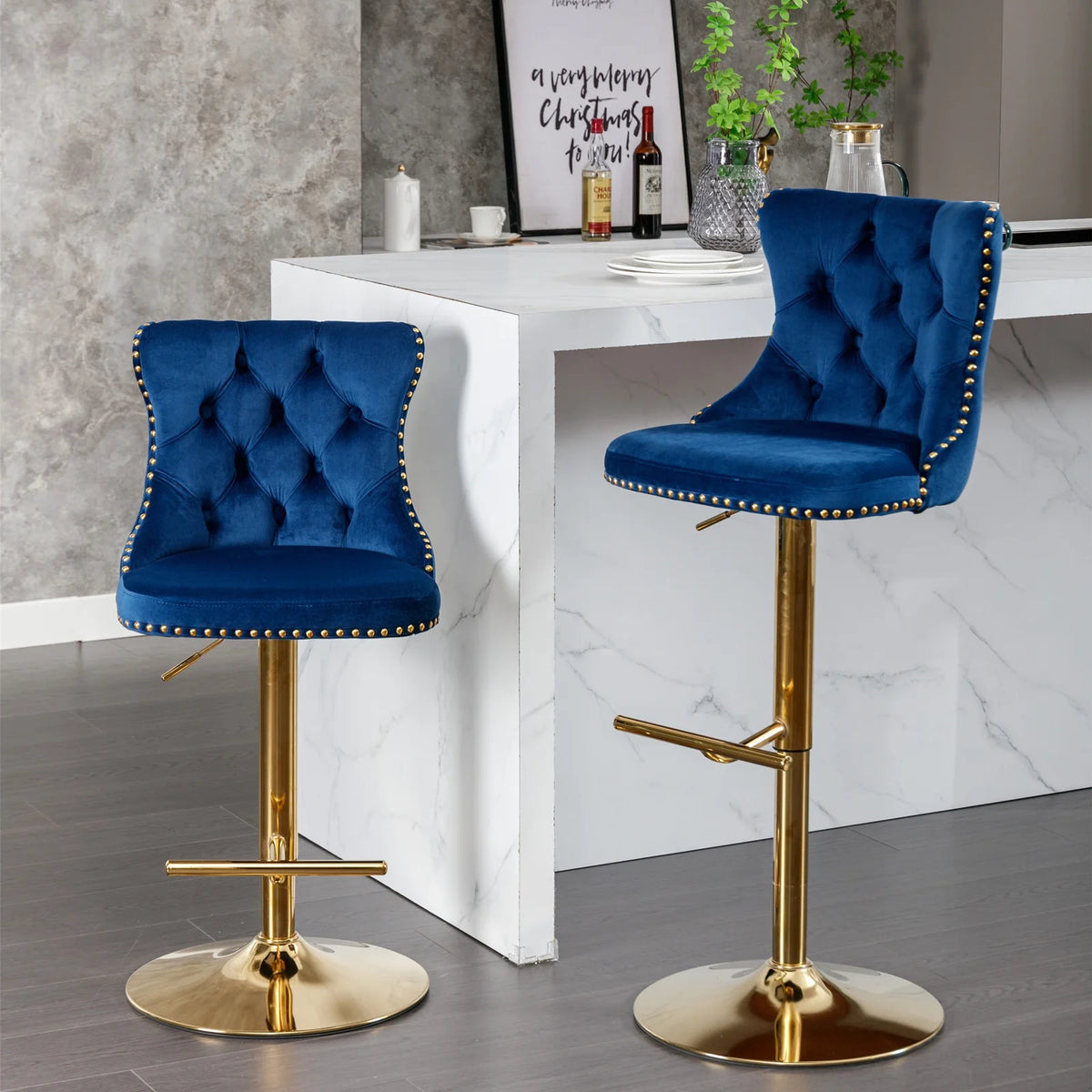 Blue Velvet Swivel Bar Stools with High Back, Set of 2 W8976