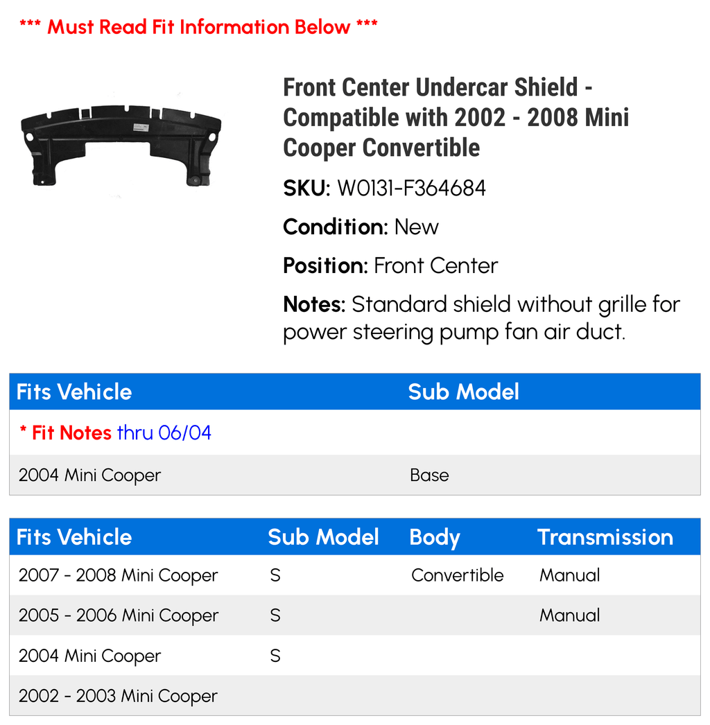 Front Center Undercar Shield for Mini Cooper Convertible Y378