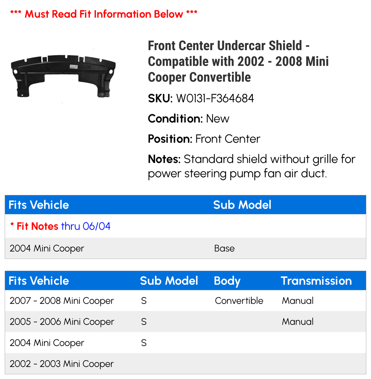 Front Center Undercar Shield for Mini Cooper Convertible Y378